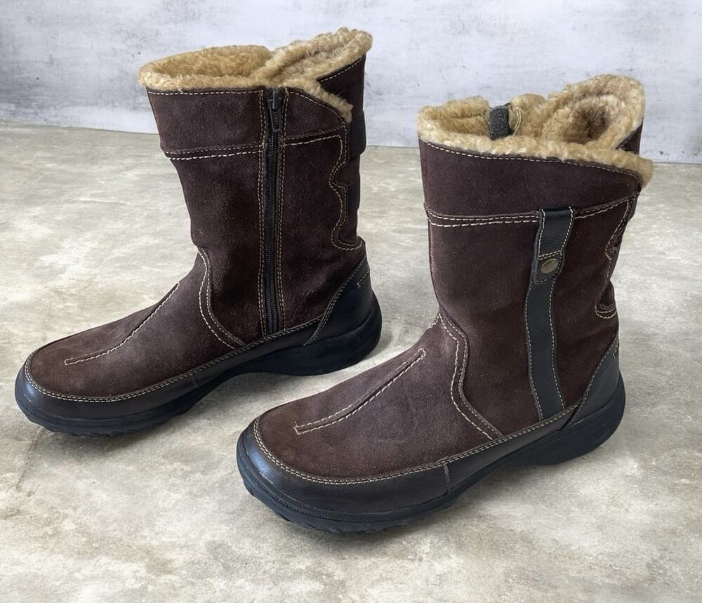 Clarks Andes Fortune Suede Boots Brown Women’s Side Zip Size 9M Faux Fur Lining